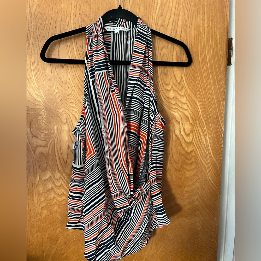 Trina Turk Blue and White silk Sleeveless wrap Top M